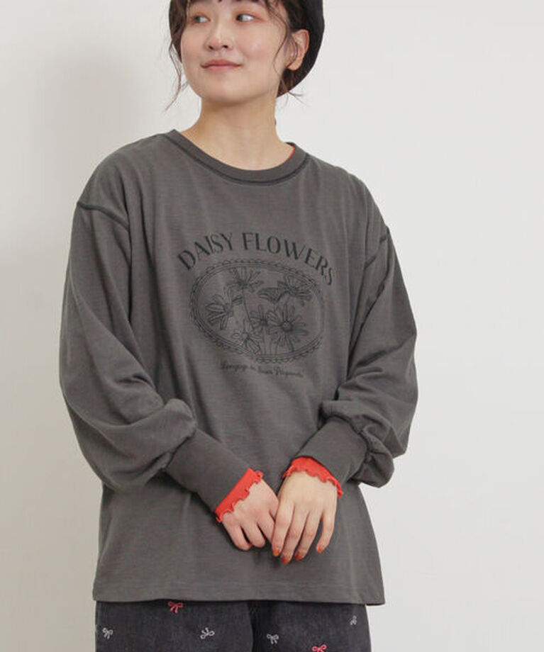 Samansa Mos2「配色ステッチプリントアソートロングTシャツ」|Tシャツ・カットソー|ブラック