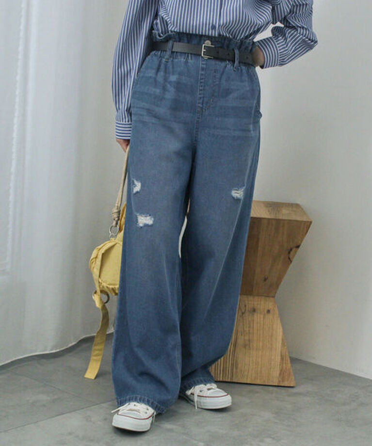 Samansa Mos2 blue「【ECO DENIM】ウエストフリルパンツ」|その他|ブルー
