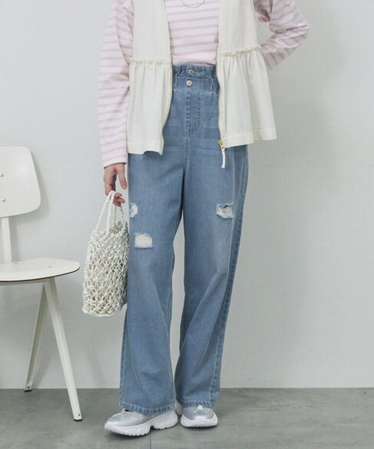 Samansa Mos2 blue「【ECO DENIM】ウエストフリルパンツ」|その他|サックスブルー