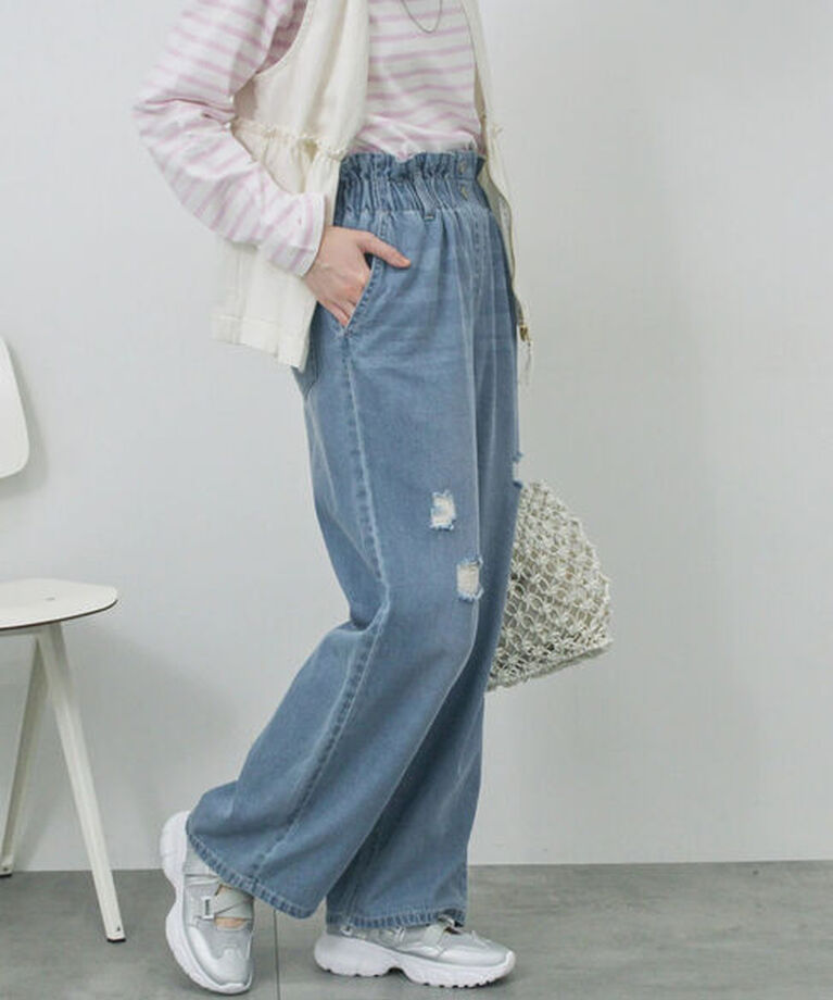 Samansa Mos2 blue「【ECO DENIM】ウエストフリルパンツ」|その他|