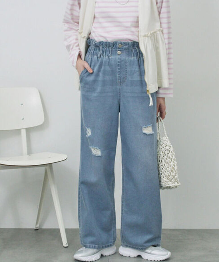 Samansa Mos2 blue「【ECO DENIM】ウエストフリルパンツ」|その他|
