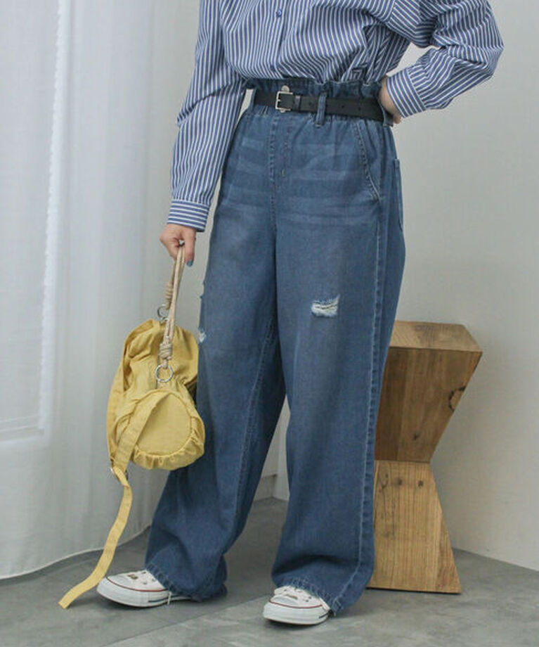 Samansa Mos2 blue「【ECO DENIM】ウエストフリルパンツ」|その他|