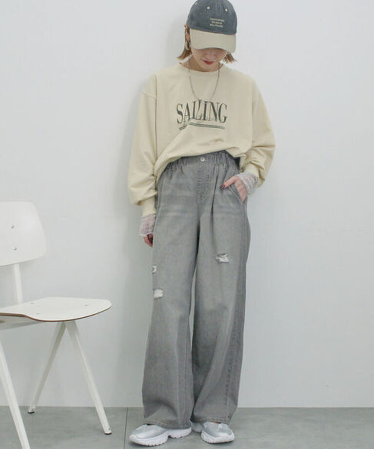 Samansa Mos2 blue「【ECO DENIM】ウエストフリルパンツ」|その他|