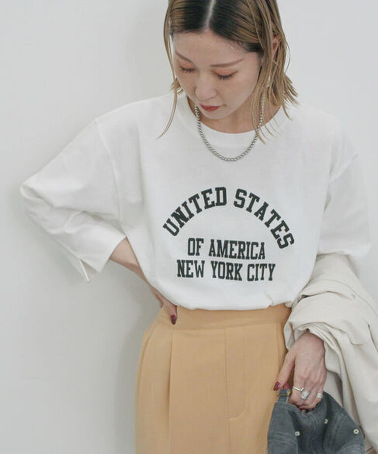 Samansa Mos2 blue「アソートプリント袖スリットTシャツ」|Tシャツ・カットソー|オフホワイト