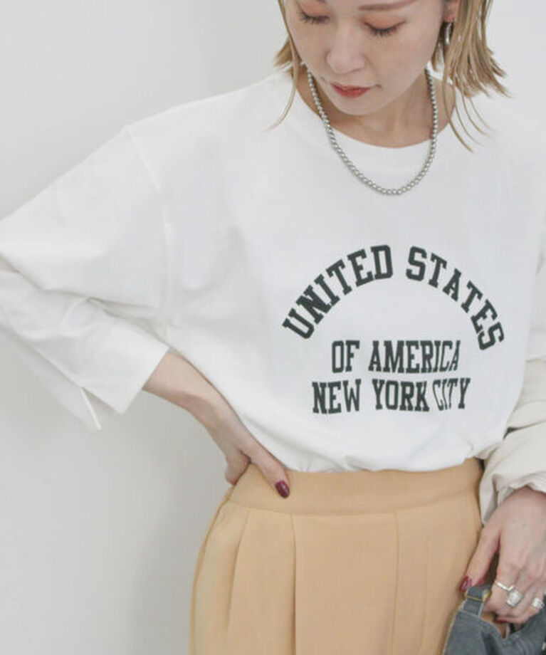 Samansa Mos2 blue「アソートプリント袖スリットTシャツ」|Tシャツ・カットソー|