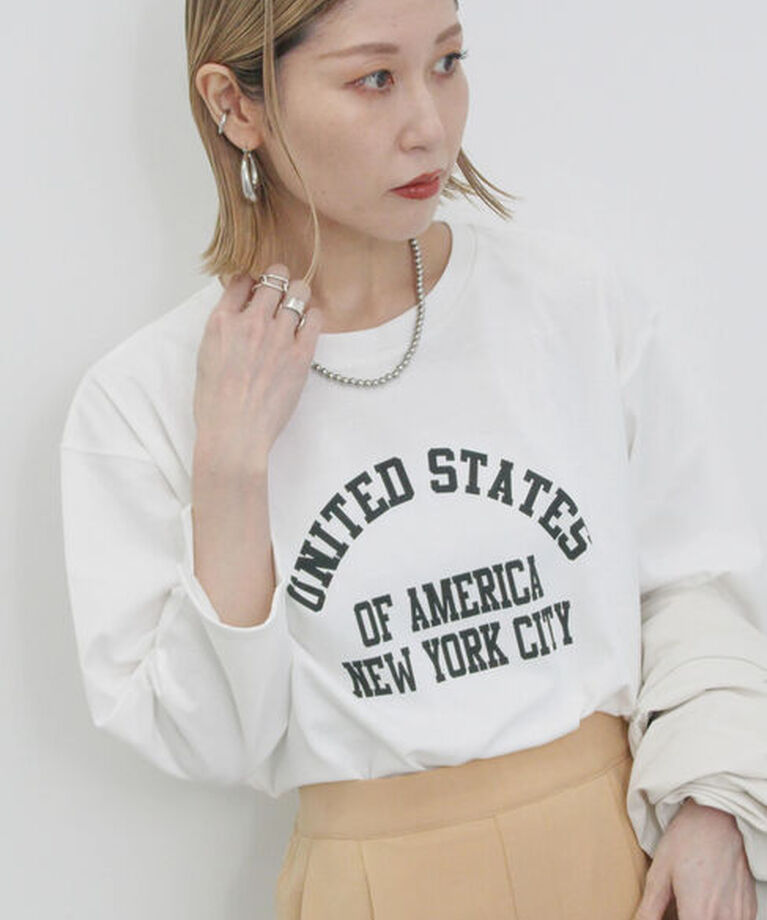 Samansa Mos2 blue「アソートプリント袖スリットTシャツ」|Tシャツ・カットソー|