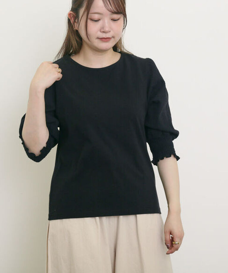 Samansa Mos2「袖布帛切替パフシャーリングTシャツ」|Tシャツ・カットソー|ブラック