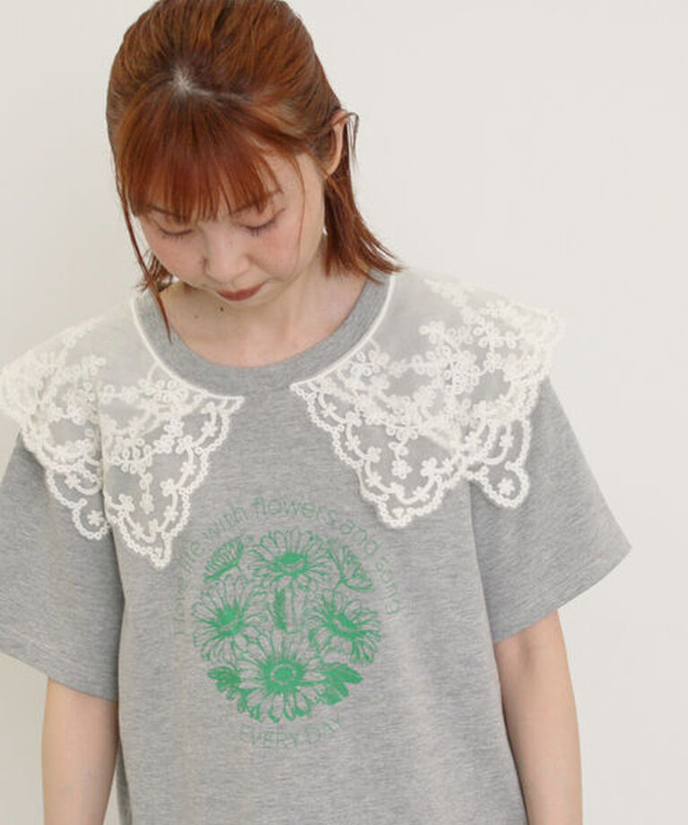 Samansa Mos2「シアーレース襟付Tシャツ」|Tシャツ・カットソー|グレー