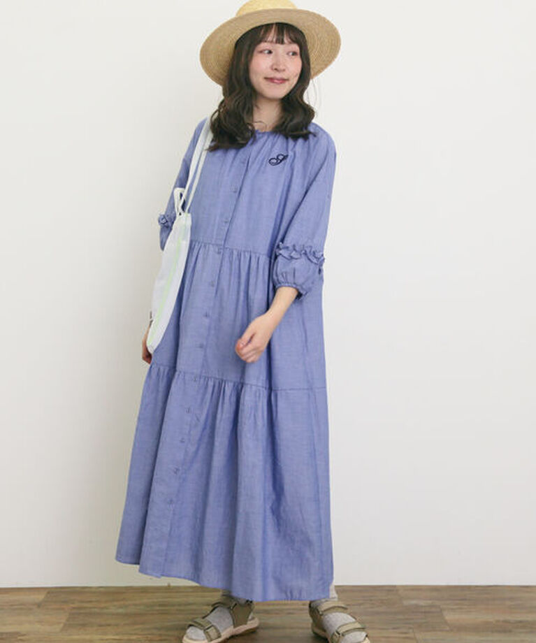 Samansa Mos2「【S/Mサイズ】イニシャル刺繍7分袖ティアードワンピース」|ワンピース|ネイビー