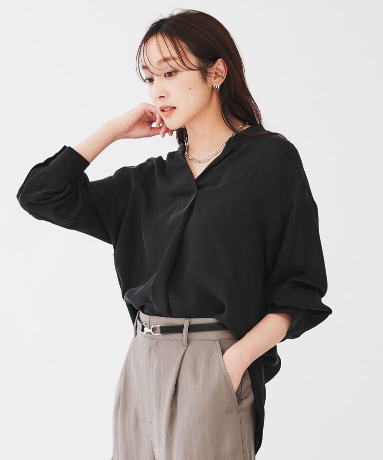 UNTITLED「【セットアップ可能/パウダータッチ】シルキーキュプラ スキッパーブラウス」|シャツ・ブラウス|ﾌﾞﾗｯｸ(019)