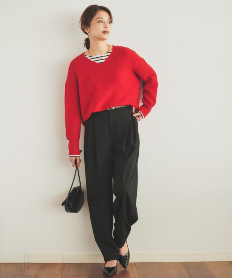UNTITLED「【体型カバー/日本製/洗える】ウールシルクカシミヤミックス Vネックプルオーバーニット」|ニット・セーター|