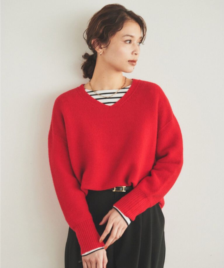 UNTITLED「【体型カバー/日本製/洗える】ウールシルクカシミヤミックス Vネックプルオーバーニット」|ニット・セーター|ﾚｯﾄﾞ(062)