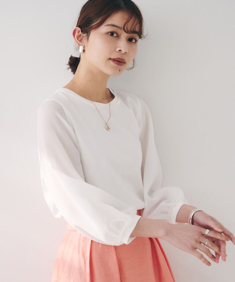 UNTITLED「【二の腕カバー/オンオフ】袖シアー ドッキングプルオーバー」|Tシャツ・カットソー|