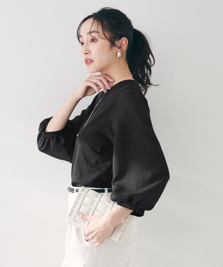 UNTITLED「【二の腕カバー/オンオフ】袖シアー ドッキングプルオーバー」|Tシャツ・カットソー|