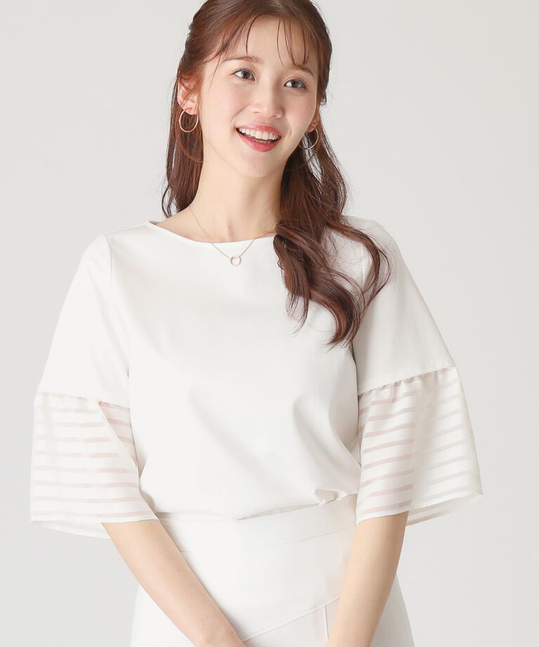 COUP DE CHANCE「【洗える／日本製／接触冷感】シアーボーダー袖のジャージプルオーバー」|Tシャツ・カットソー|ホワイト(001)