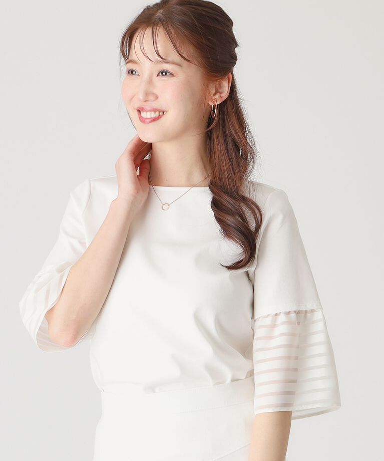 COUP DE CHANCE「【洗える／日本製／接触冷感】シアーボーダー袖のジャージプルオーバー」|Tシャツ・カットソー|