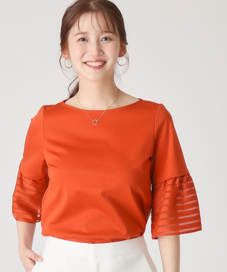 COUP DE CHANCE「【洗える／日本製／接触冷感】シアーボーダー袖のジャージプルオーバー」|Tシャツ・カットソー|オレンジ(067)