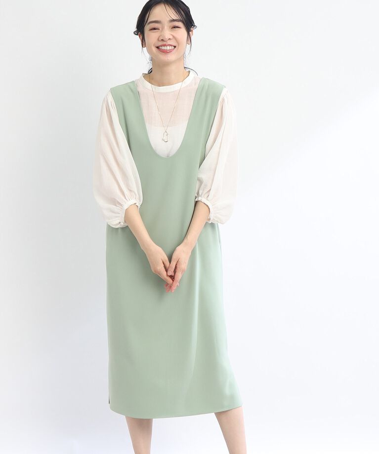 Reflect「【SALE／E‐QUALITY／セットアイテム】前後2Wayジャンパースカート＋バンドカラーブラウス」|ワンピース|ライトグリーン(02