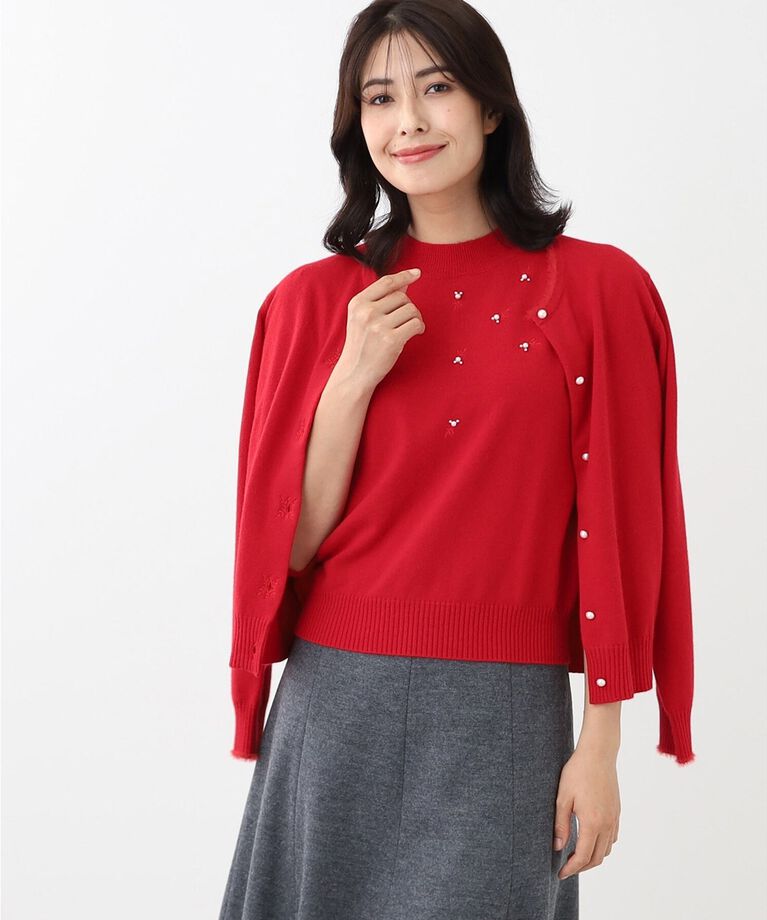Reflect「【WEB限定カラーあり／洗える／アンサンブル】パール調刺繍ニット＋カーディガン」|カーディガン|ﾚｯﾄﾞ(062)