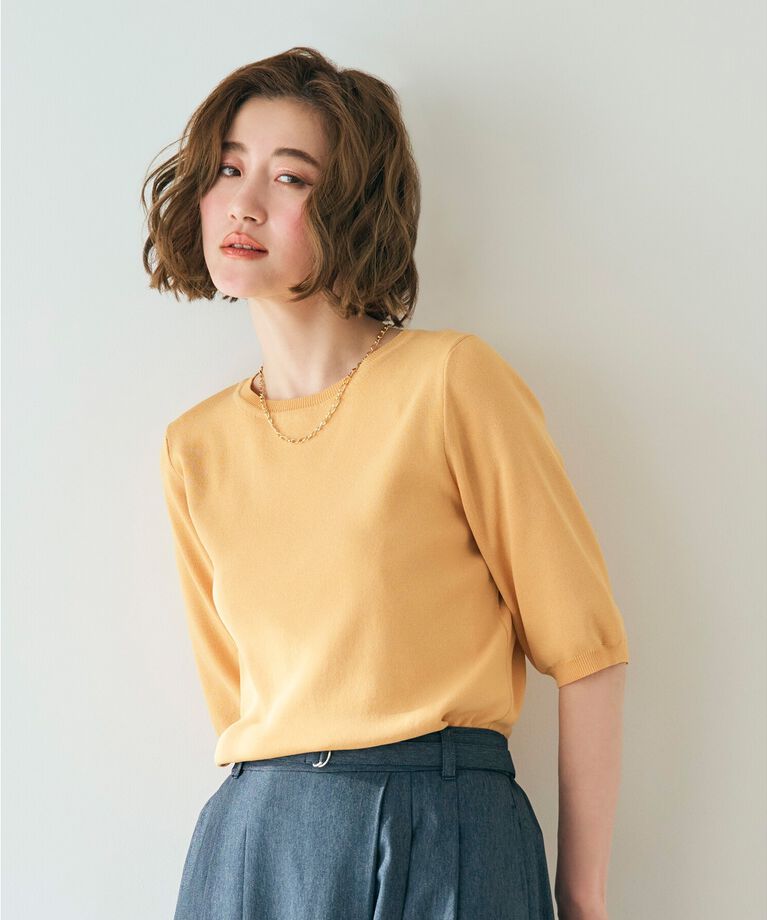 grove「雑誌掲載【多機能】やわらかドライタッチ五分袖プルオーバー」|ニット・セーター|ｲｴﾛｰ(032)
