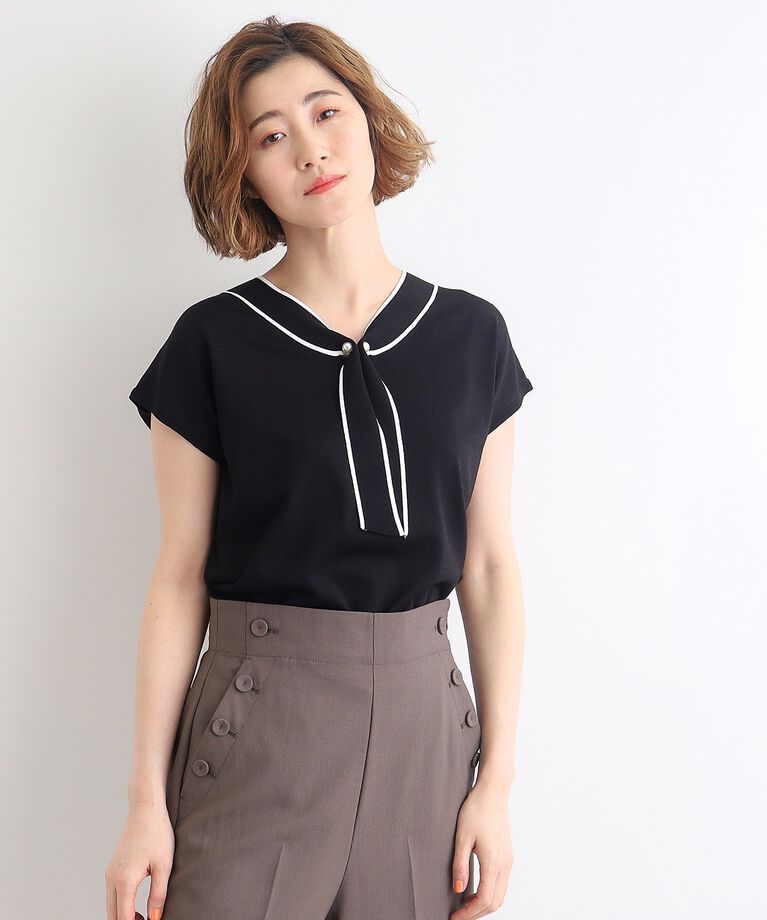 grove「【接触冷感／UV／抗ピル】取り外しパール調ピン付きボウタイニット」|ニット・セーター|ﾌﾞﾗｯｸ(019)