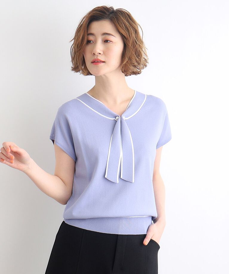 grove「【接触冷感／UV／抗ピル】取り外しパール調ピン付きボウタイニット」|ニット・セーター|ﾌﾞﾙｰ(091)