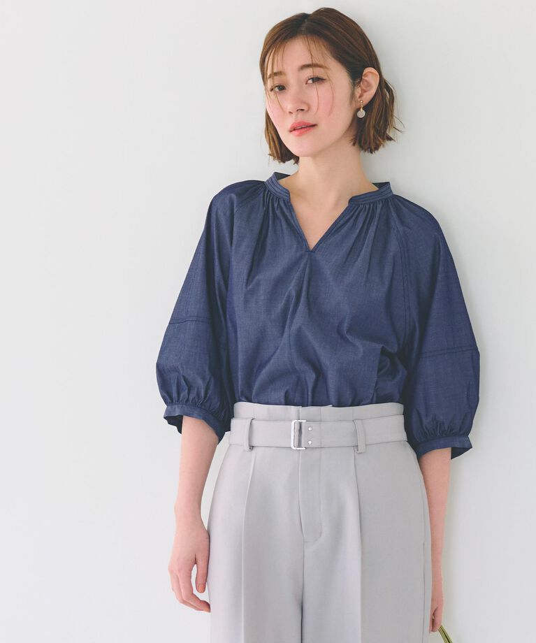 grove「【夏に嬉しい機能付き】ランタンスリーブシャツブラウス」|シャツ・ブラウス|ネイビー(094)
