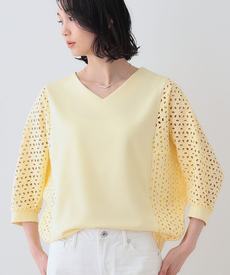 INDIVI「【洗える／体型カバー】レースコンビトップス」|Tシャツ・カットソー|ライトイエロー(03