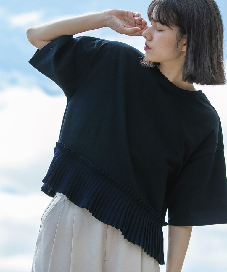 OPAQUE.CLIP「プリーツデザインドッキングトップス【洗濯機洗い可】」|Tシャツ・カットソー|ﾈｲﾋﾞｰ(094)