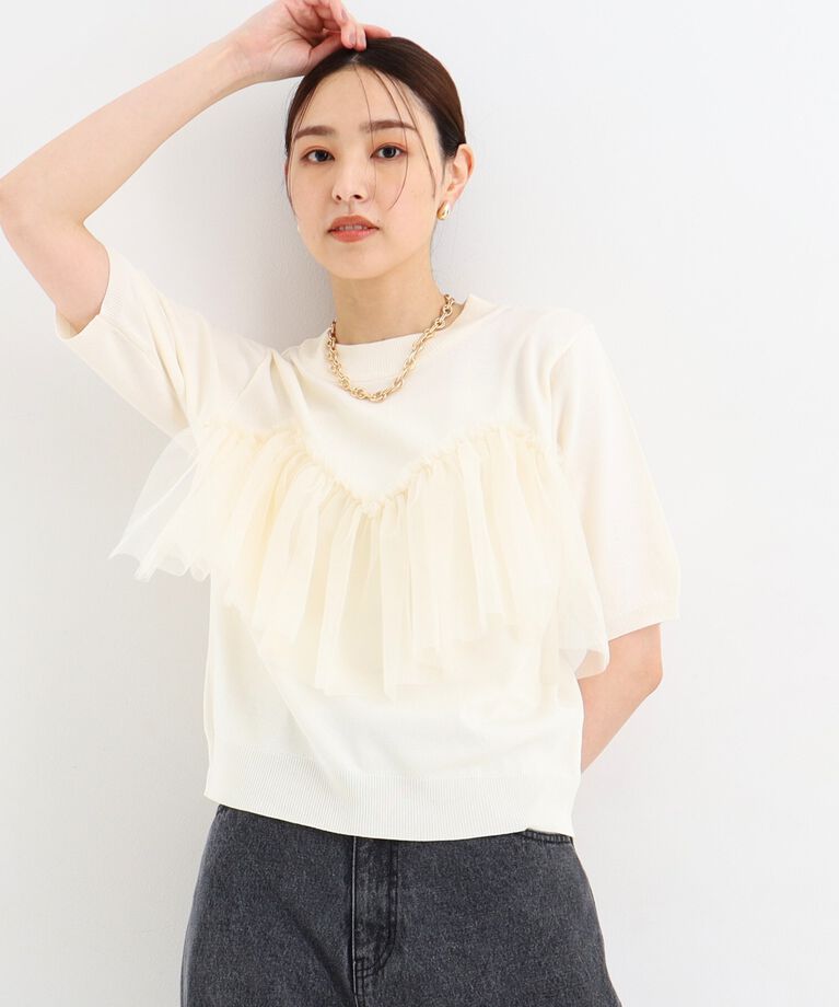 THE SHOP TK「【大人チュール使い】5分袖チュール切替ニット/洗える」|ニット・セーター|