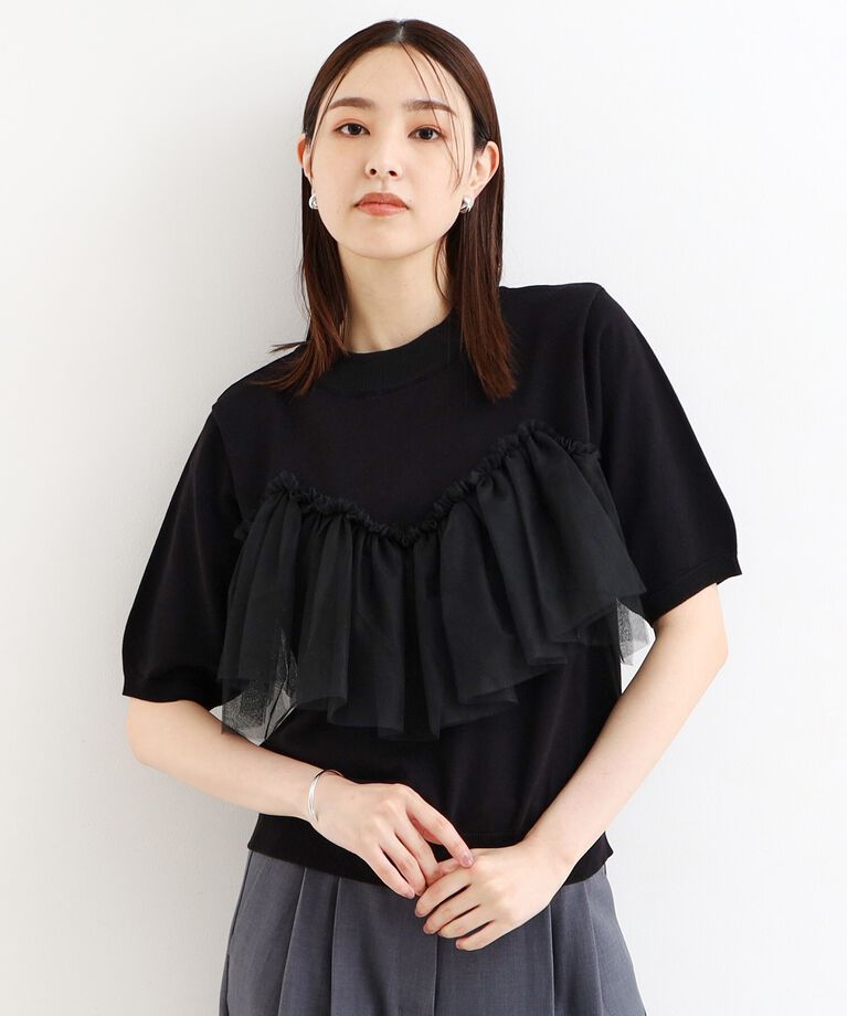 THE SHOP TK「【大人チュール使い】5分袖チュール切替ニット/洗える」|ニット・セーター|ﾌﾞﾗｯｸ(019)