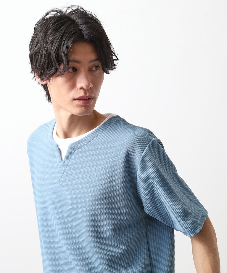 THE SHOP TK「ミニフクレキーネック半袖Tシャツ」|Tシャツ・カットソー|ブルー(092)