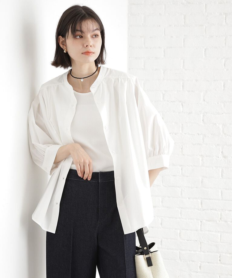 THE SHOP TK「【体型カバー】6分袖バックシャーリングシャツ/洗える」|シャツ・ブラウス|オフホワイト(003
