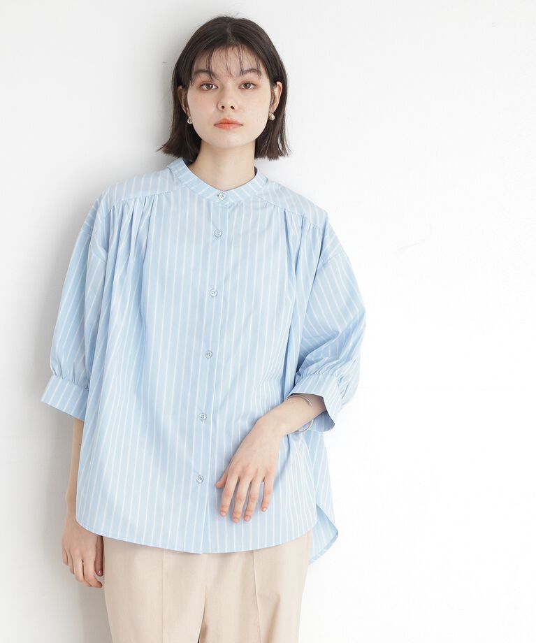 THE SHOP TK「【体型カバー】6分袖バックシャーリングシャツ/洗える」|シャツ・ブラウス|サックスブルー(39