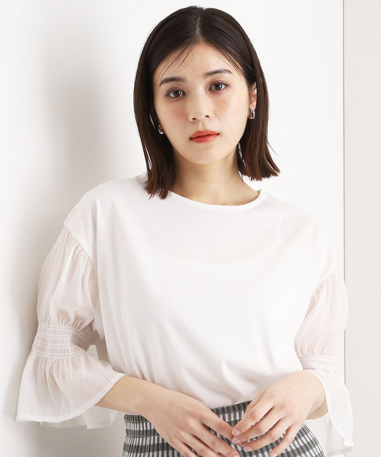 THE SHOP TK「袖シャーリングシアープルオーバー【洗濯機OK】」|Tシャツ・カットソー|オフホワイト(003