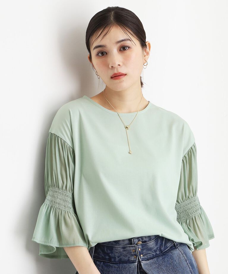 THE SHOP TK「袖シャーリングシアープルオーバー【洗濯機OK】」|Tシャツ・カットソー|ミントグリーン(02