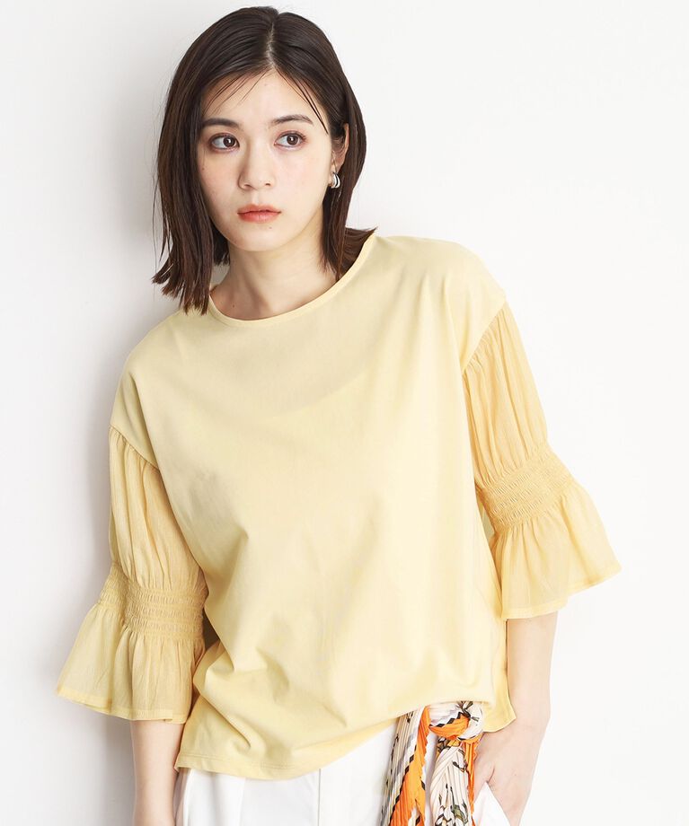 THE SHOP TK「袖シャーリングシアープルオーバー【洗濯機OK】」|Tシャツ・カットソー|ライトイエロー(03