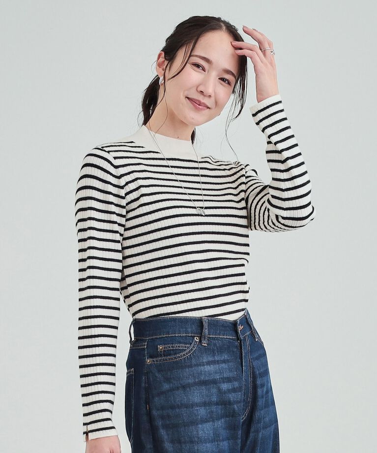 SHOO･LA･RUE「【洗える】1枚でこなれ見え 配色ライン リブハイネックニット」|ニット・セーター|