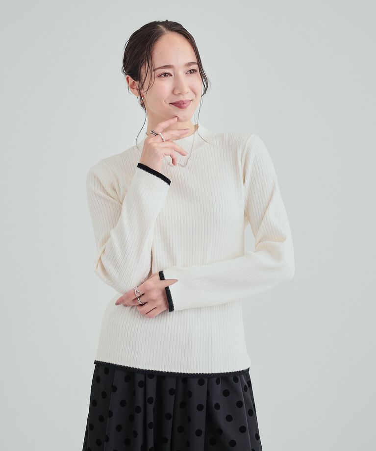 SHOO･LA･RUE「【洗える】1枚でこなれ見え 配色ライン リブハイネックニット」|ニット・セーター|