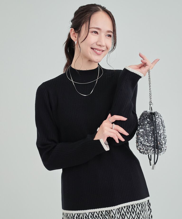 SHOO･LA･RUE「【洗える】1枚でこなれ見え 配色ライン リブハイネックニット」|ニット・セーター|ﾌﾞﾗｯｸ(019)