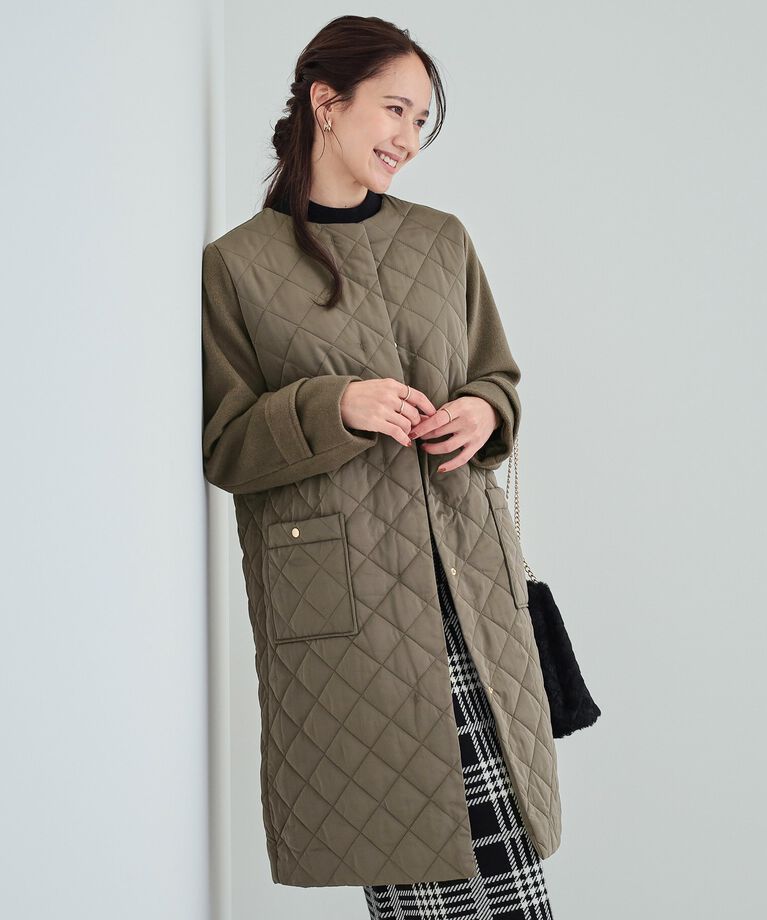 SHOO･LA･RUE「【吸湿発熱】すっきり上品に女性らしく お袖フェイクウール キルトコート」|ノーカラーコート|ﾁｬｺｰﾙｸﾞﾚｰ(014)