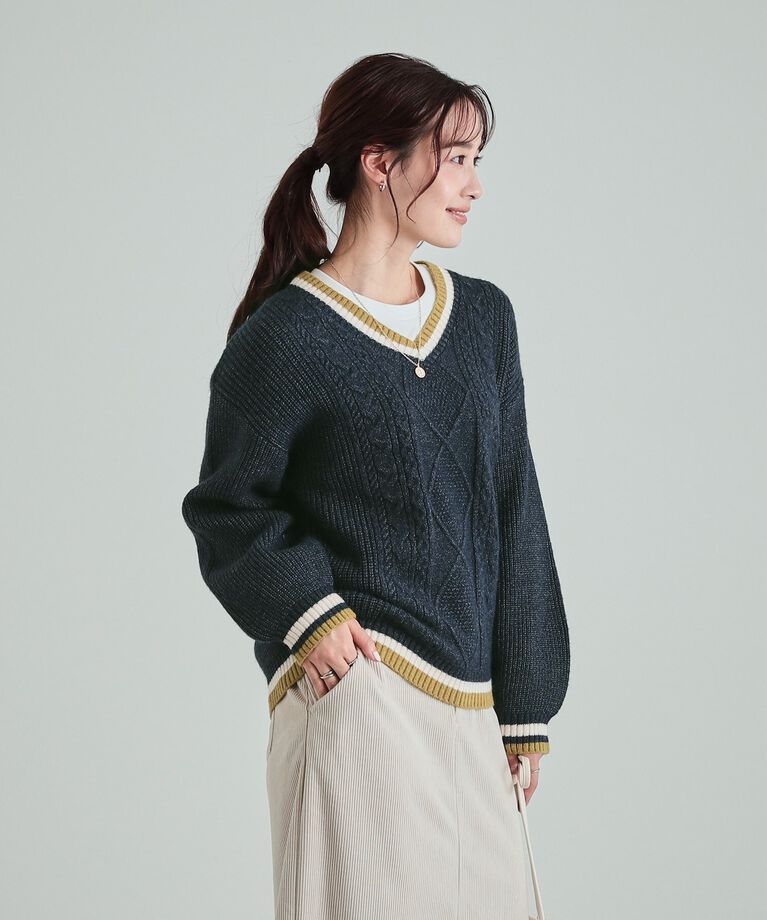 SHOO･LA･RUE「大人レトロ 配色ラインVネックケーブルニット」|ニット・セーター|