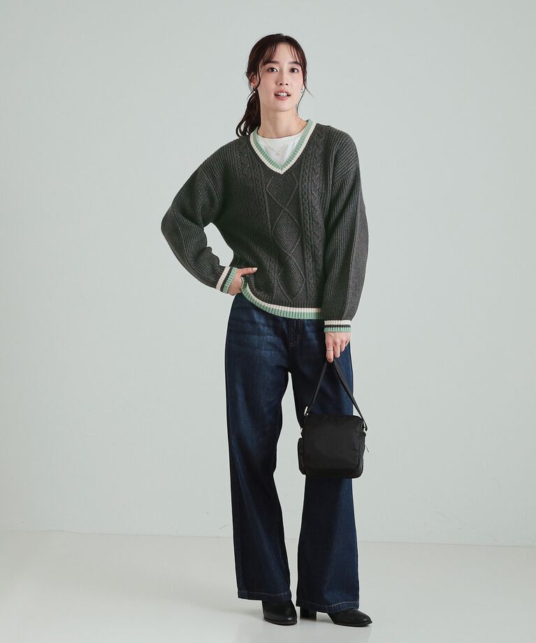 SHOO･LA･RUE「大人レトロ 配色ラインVネックケーブルニット」|ニット・セーター|