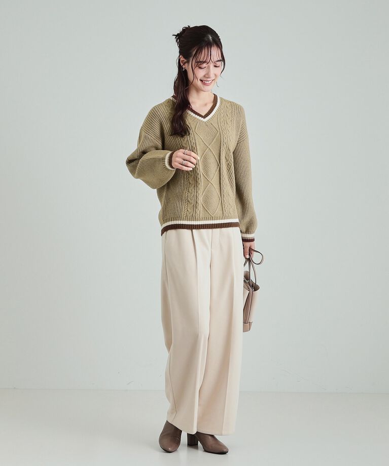 SHOO･LA･RUE「大人レトロ 配色ラインVネックケーブルニット」|ニット・セーター|