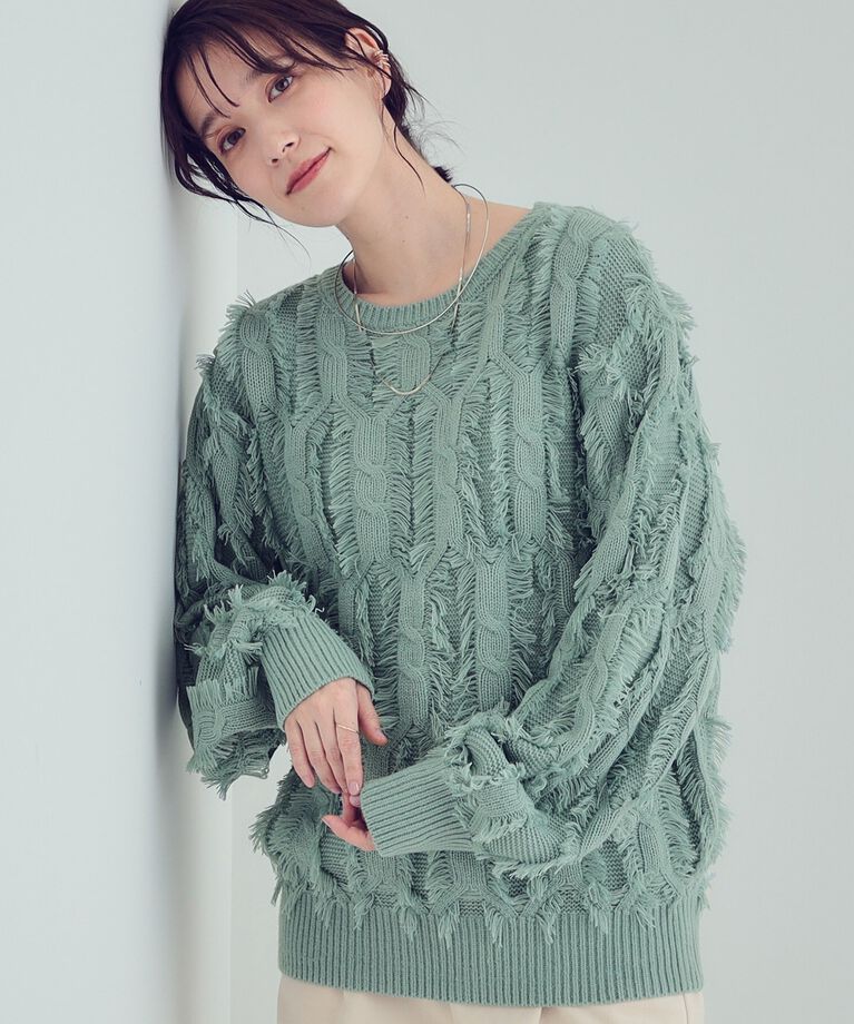SHOO･LA･RUE「【S-LL】一枚で主役級。フリンジが目を惹くゆるニット」|ニット・セーター|ミントグリーン(02