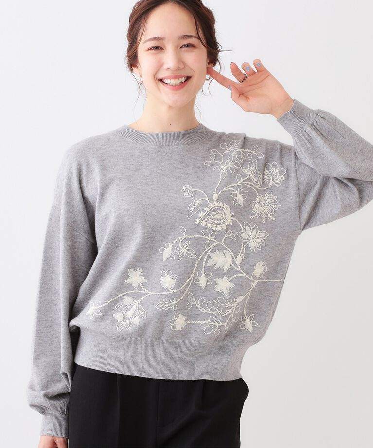 SHOO･LA･RUE「【S-LL】大人のエレガントな着こなしに ラメ刺繍ニット」|ニット・セーター|グレー(012)