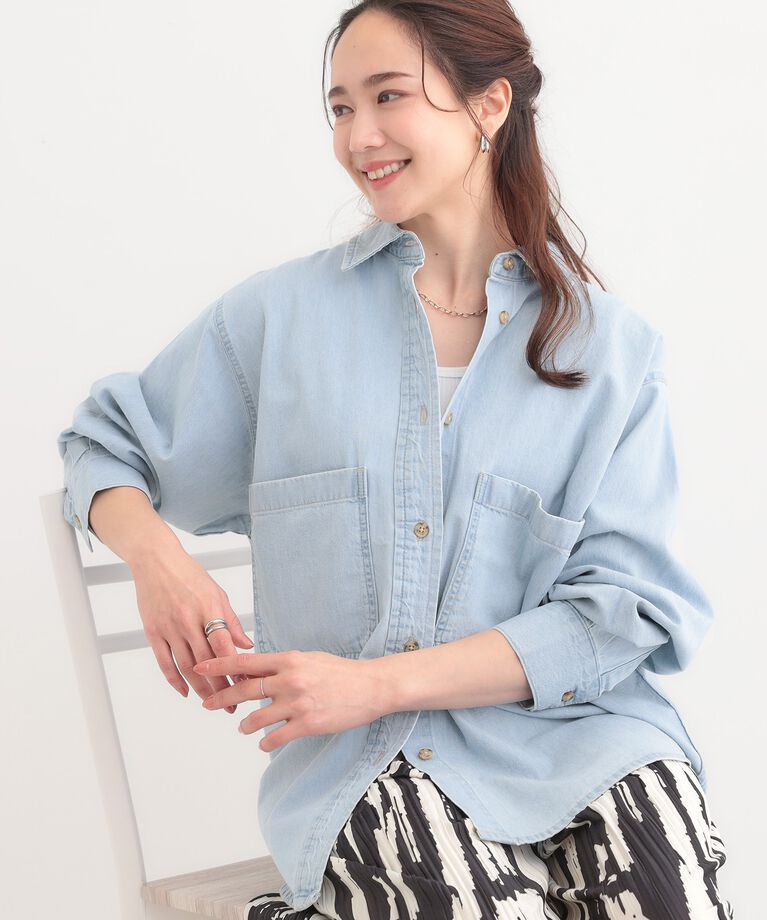 SHOO･LA･RUE「【洗える/S-LL】BIGポケット オーバーサイズデニムシャツ」|シャツ・ブラウス|ブルー(091)