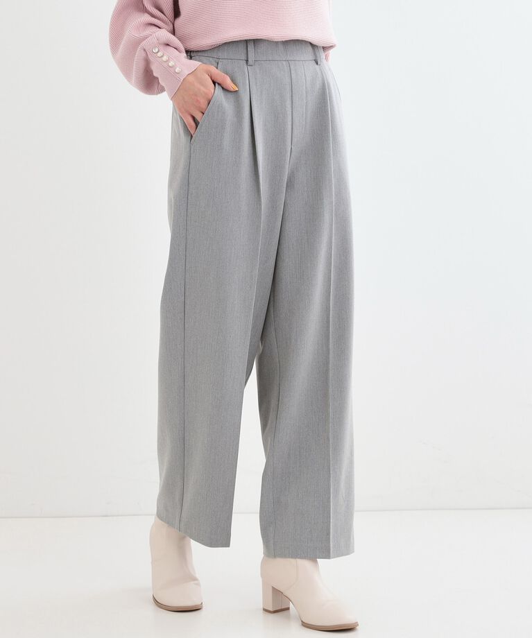 SHOO･LA･RUE「【洗える/S-LL】脚のラインを拾いにくい センタープレス タックワイドパンツ」|その他|グレー(012)