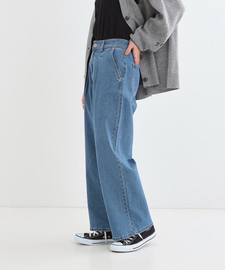 SHOO･LA･RUE「後ろウエストゴムが楽 大人のタックワイド デニムパンツ」|デニム|