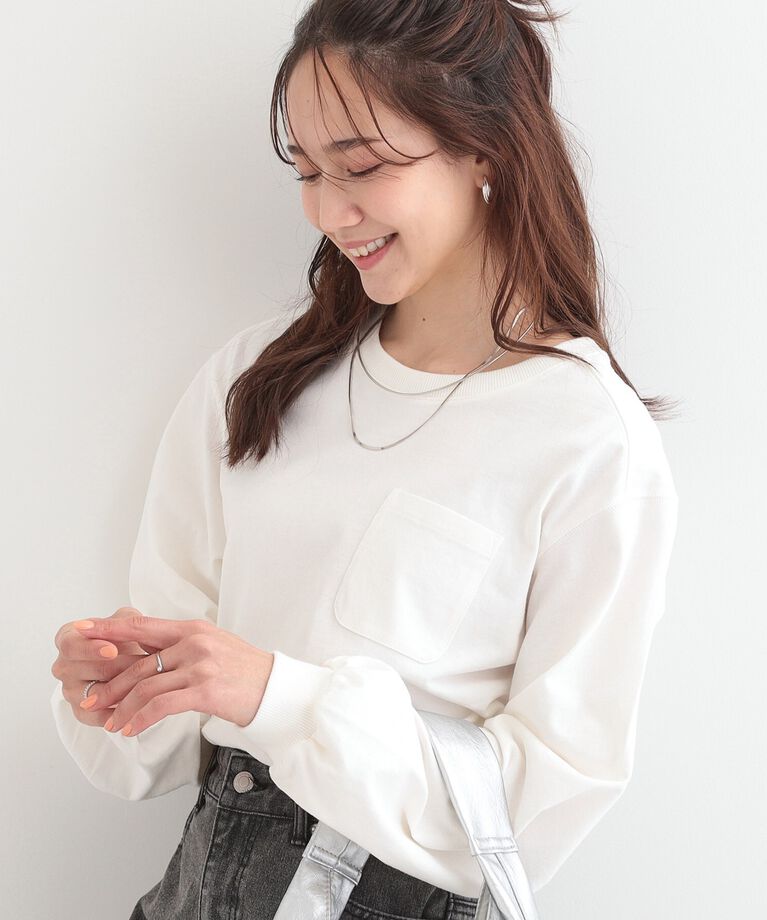SHOO･LA･RUE「【洗える/S-LL】一枚でもレイヤードでも ラウンドヘムポケット付きロンT」|Tシャツ・カットソー|ホワイト(001)